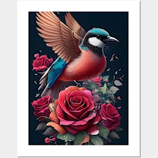 Bird With Red Roses Posters and Art